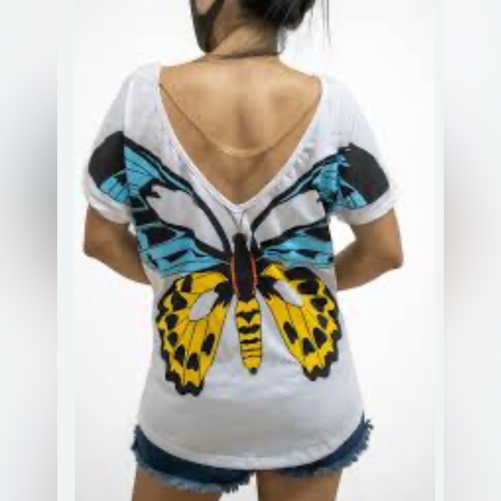 White Butterfly Print V-Back Women's Top